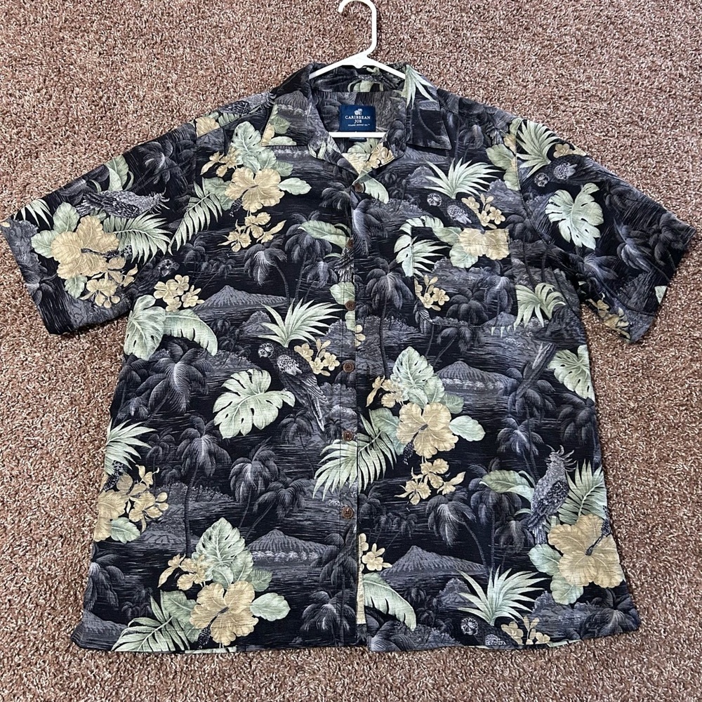 Caribbean Joe Silk Hawaiian Shirt XL Black Green Floral Aloha Mens Casual‎
